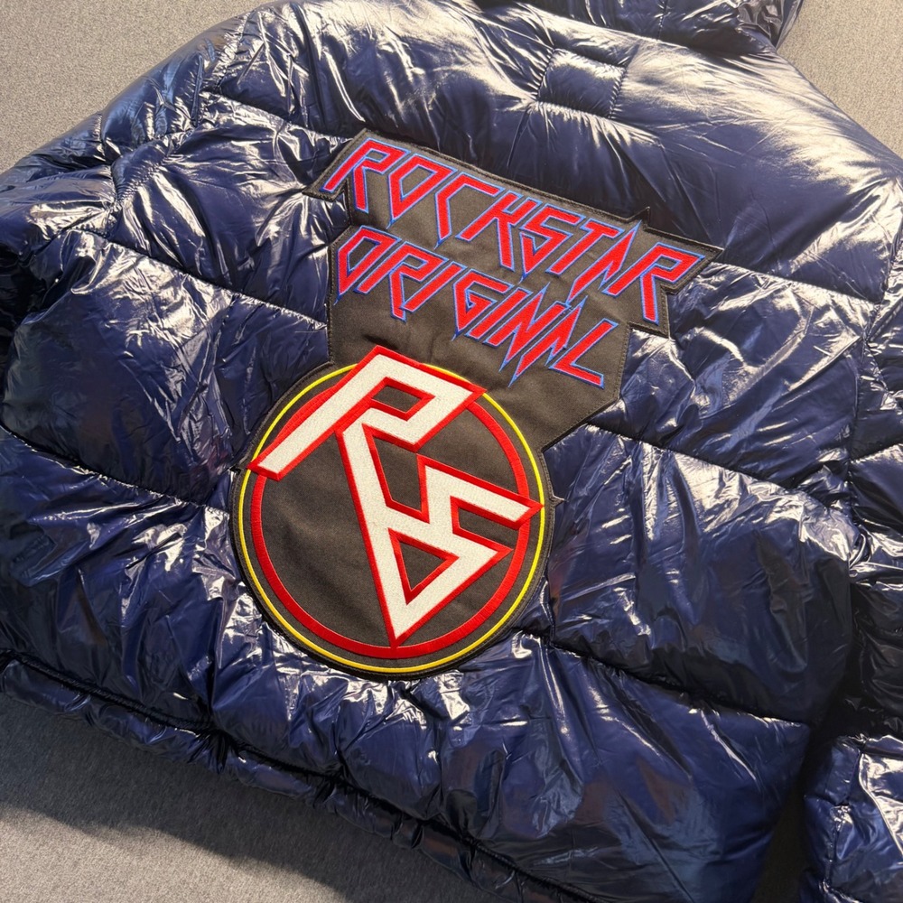 Rockstar Original Women Navy Blue Shiny Puffer Jacket Hooded XL Graphic Patch